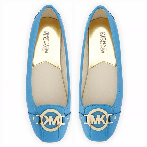 Michael Kors Fulton Moc Flats Blue Leather Driving Loafers Gold MK Logo Size 6M - Picture 5 of 16